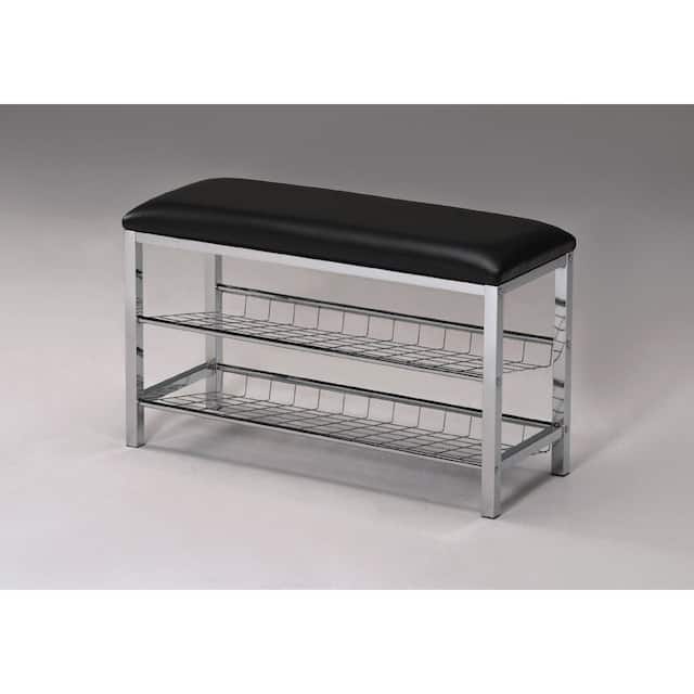 Roundhill Furniture Metal Shoe Bench with Faux Leather Seat, Chrome and Black