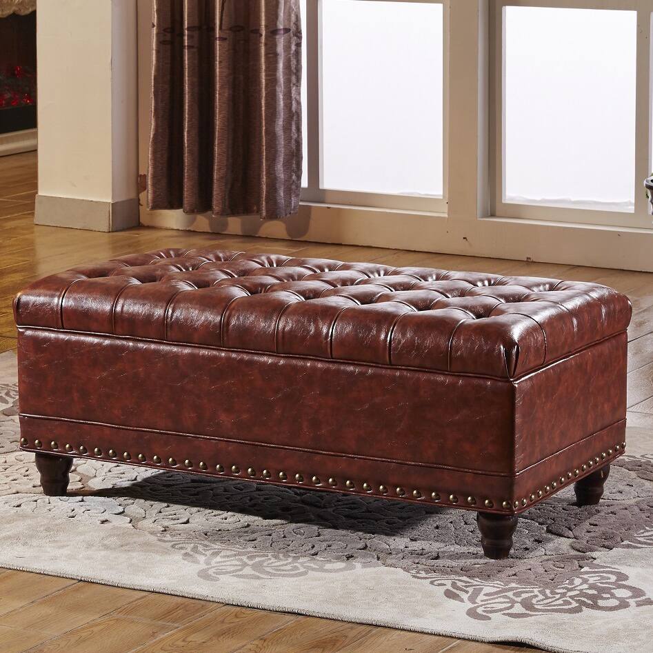 Classic Tufted Storage Bench Ottoman with nailhead trim and twin Hydraulic Hinges