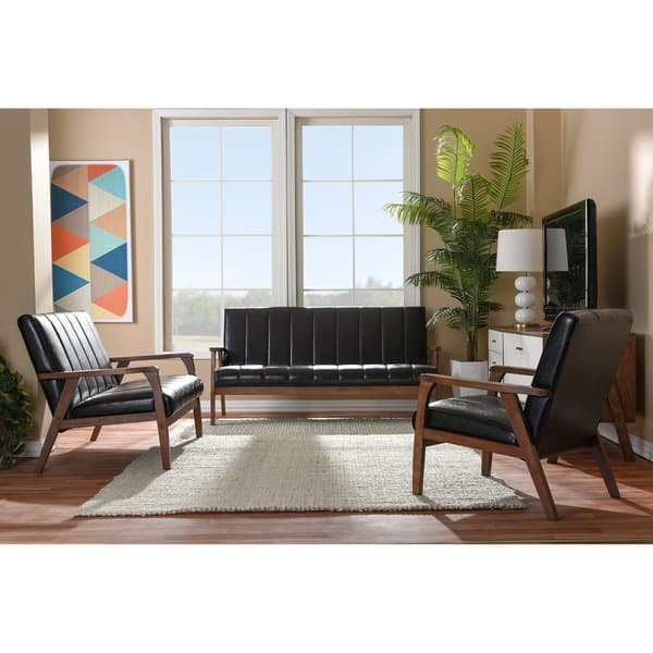Baxton Studio Nikko Mid-century Modern Scandinavian Style Black Faux Leather 3 Pieces Living Room Sets Baxton Studio Nikko Mid-century Modern Scandinavian Style Black Faux Leather 3 Pieces Living Room Sets