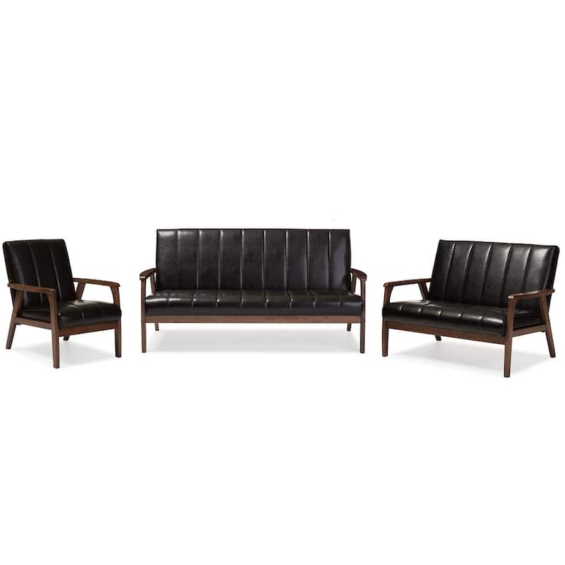 Baxton Studio Nikko Mid-century Modern Scandinavian Style Dark Brown Faux Leather Wooden 3-piece Sofa Set