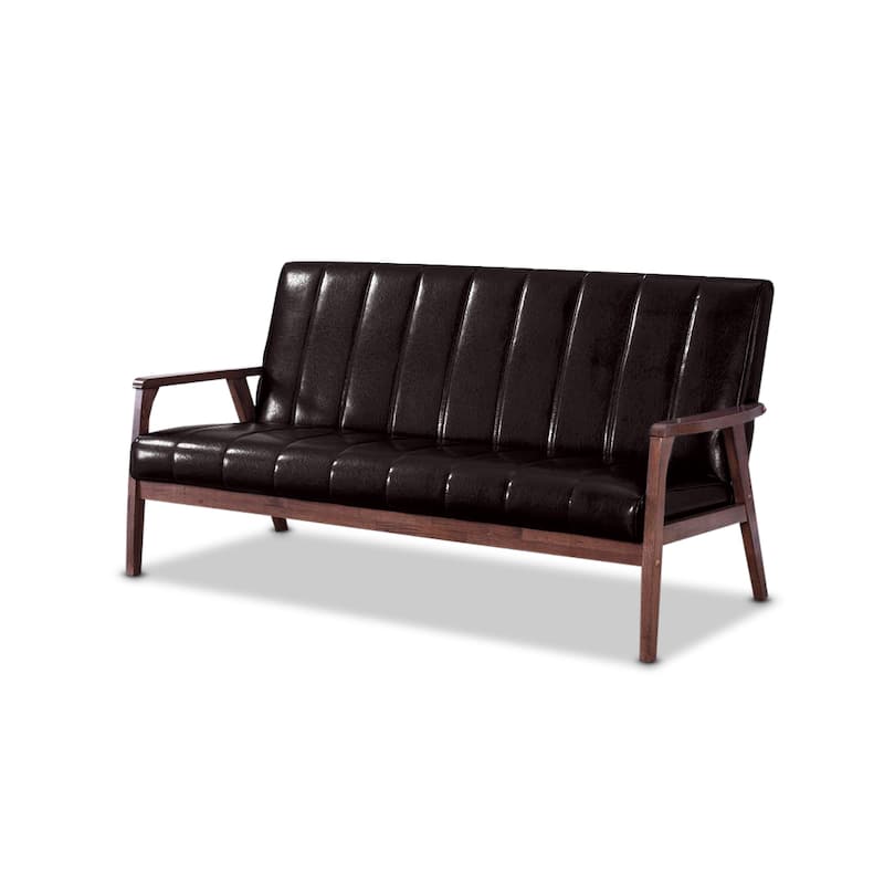 Baxton Studio Nikko Mid-century Modern Scandinavian Style Dark Brown Faux Leather Wooden 3-piece Sofa Set