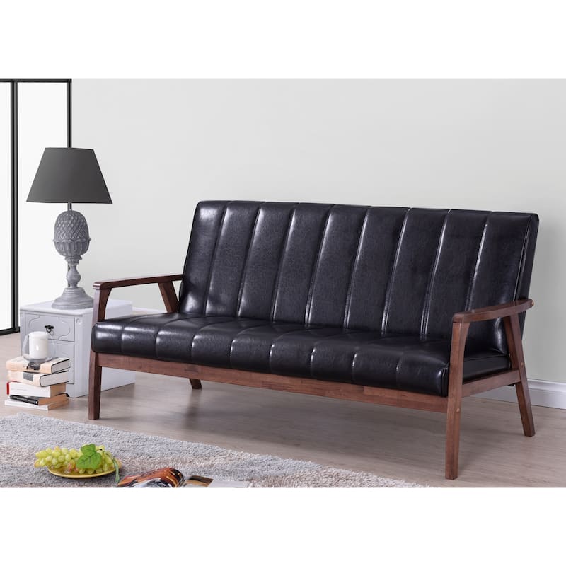 Baxton Studio Nikko Mid-century Modern Scandinavian Style Black Faux Leather Wooden 3-piece Sofa Set