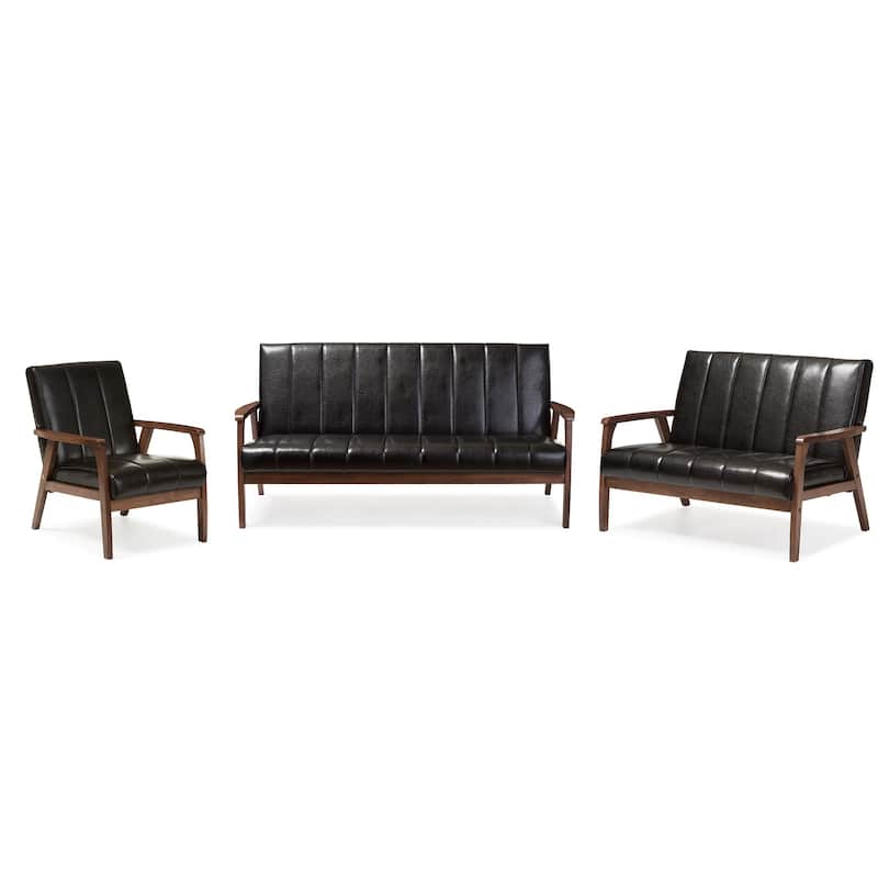 Baxton Studio Nikko Mid-century Modern Scandinavian Style Black Faux Leather Wooden 3-piece Sofa Set