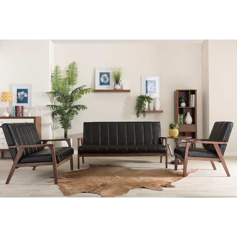 Baxton Studio Nikko Mid-century Modern Scandinavian Style Black Faux Leather Wooden 3-piece Sofa Set
