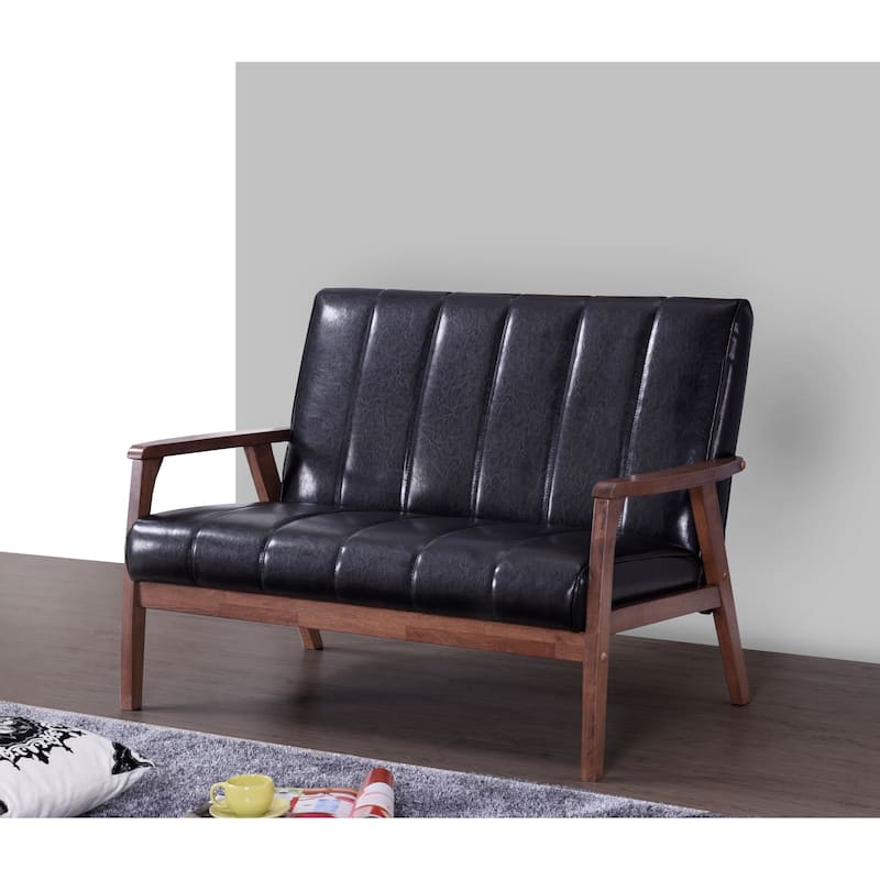 Baxton Studio Nikko Mid-century Modern Scandinavian Style Black Faux Leather Wooden 3-piece Sofa Set