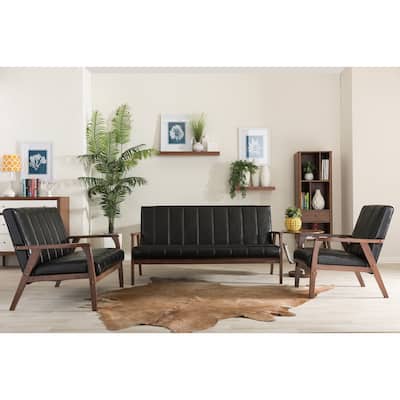 Baxton Studio Nikko Mid-century Modern Scandinavian Style Black Faux Leather Wooden 3-piece Sofa Set