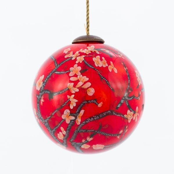 Vincent Van Gogh 'Branches of an Almond Tree in Blossom, Red' Hand Painted Glass Ornament. Opens flyout.