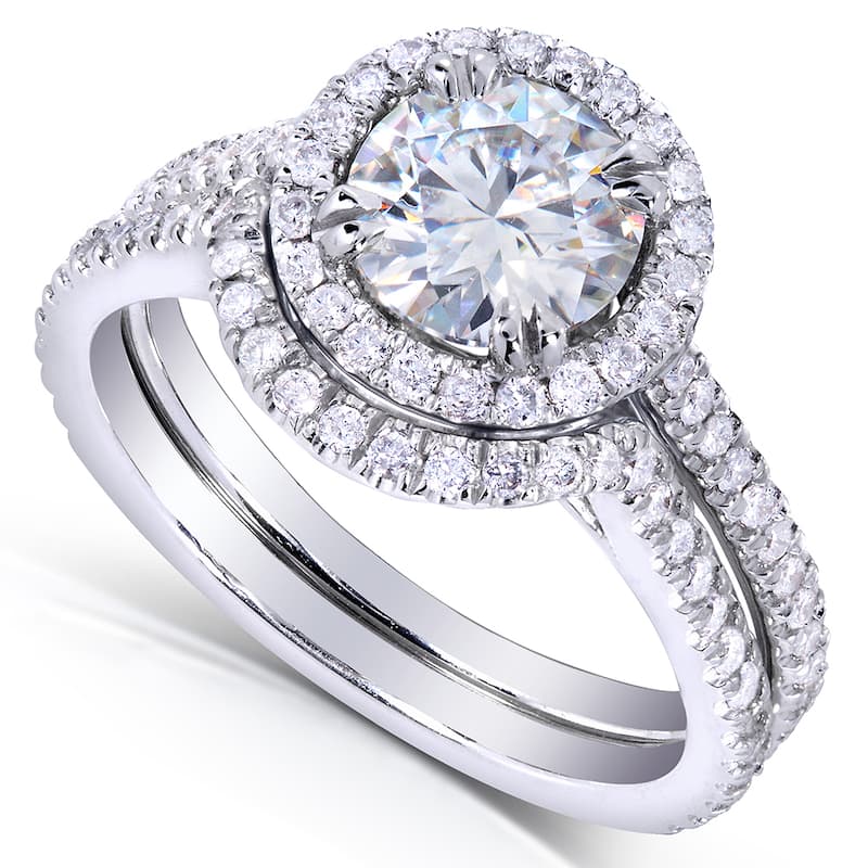 Annello by Kobelli 14k White Gold 1 1/2ct TGW Forever One DEF Moissanite and Diamond Round Halo Fitted Bridal Rings (2pc Set)