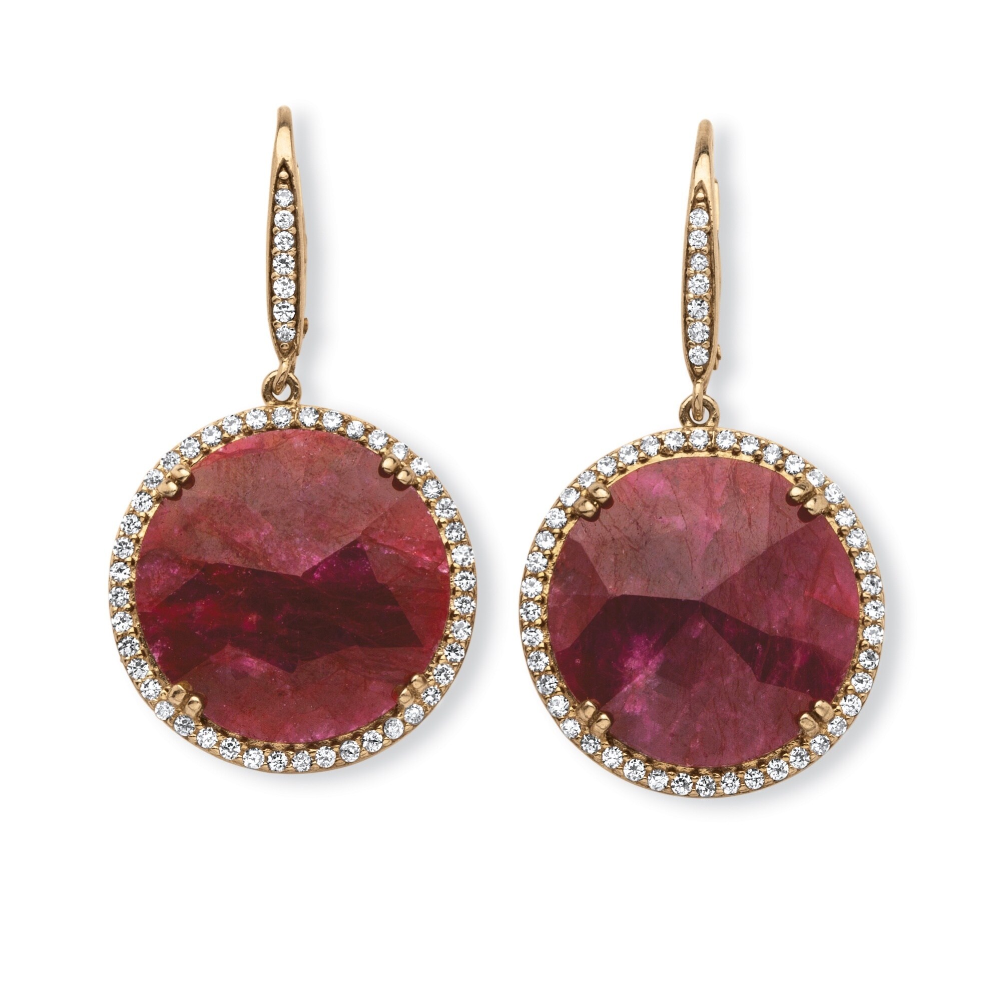 28 7/8ct TCW Genuine Hand-Cut Round Ruby and Pave CZ Halo Earrings in 14k  Gold over Sterli