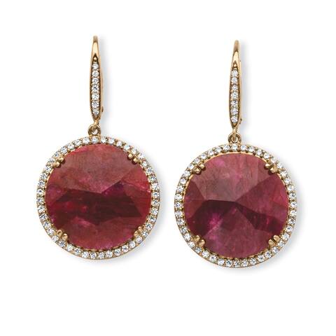 28 7/8ct TCW Genuine Hand-Cut Round Ruby and Pave CZ Halo Earrings in 14k Gold over Sterli