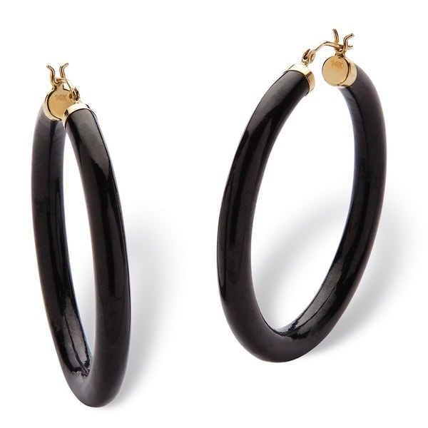 Genuine Black Jade Hoop Earrings in 14k Yellow Gold (45mm) Naturalist