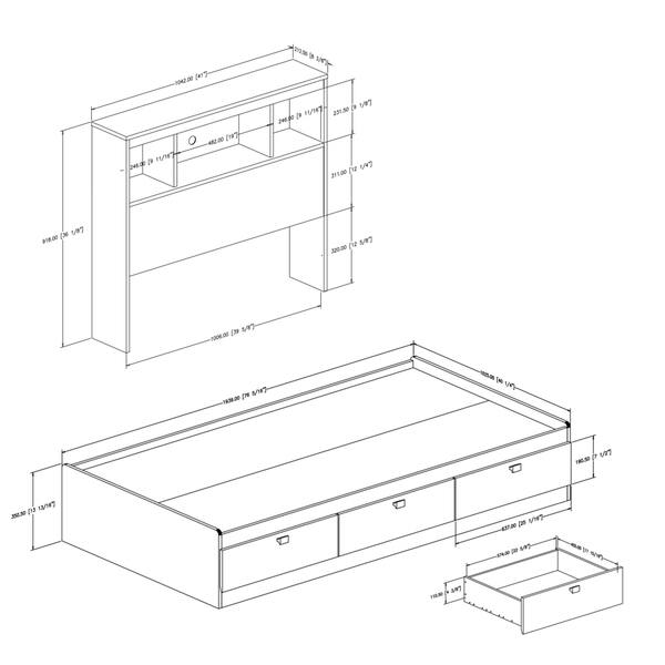 South Shore Spark Twin Mates Bed with Drawers and Bookcase Headboard