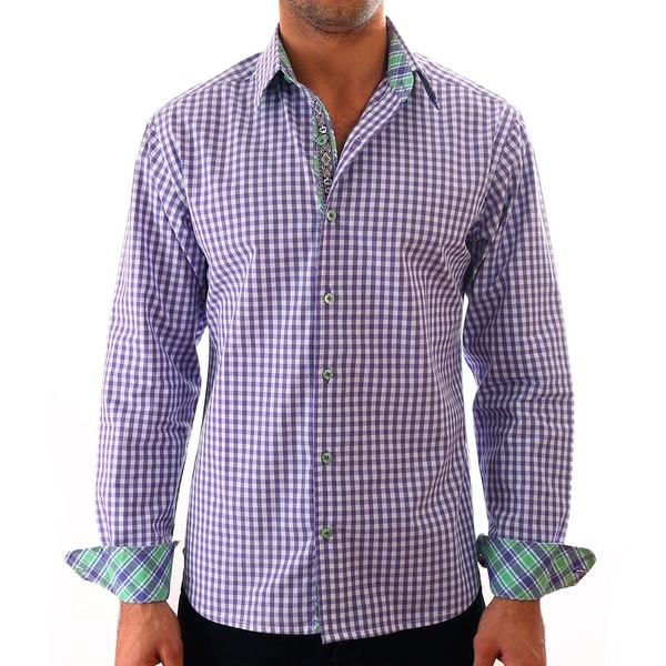Luciano Mens Slim Fit Cotton Shirt by Vince Barbera Purple Gingham