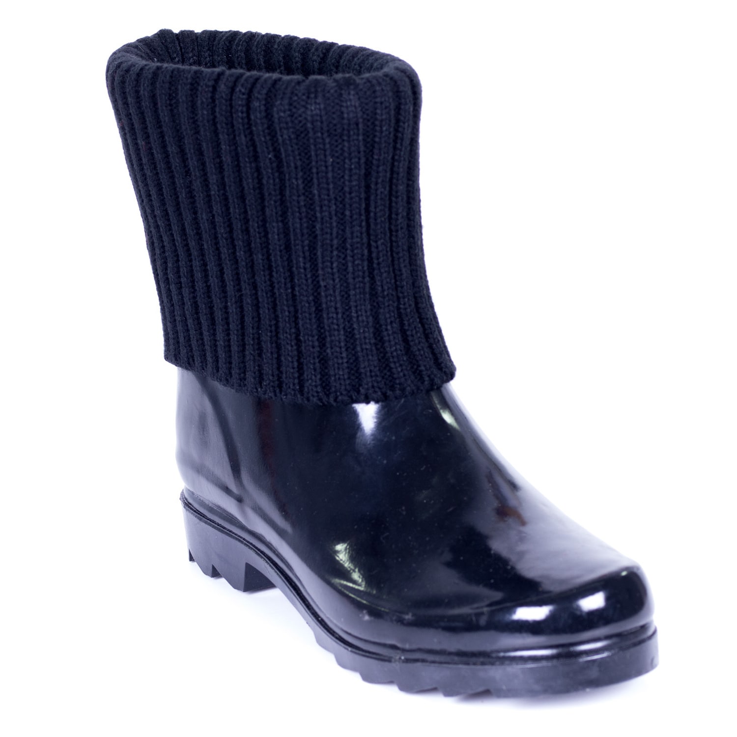 Rubber Black Knit Sock Cuff Rain Boots 