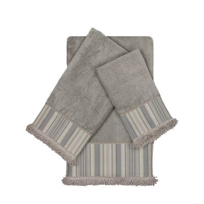 Sherry Kline Aberdeen Stripe Grey 3-piece Decorative Embellished Towel Set