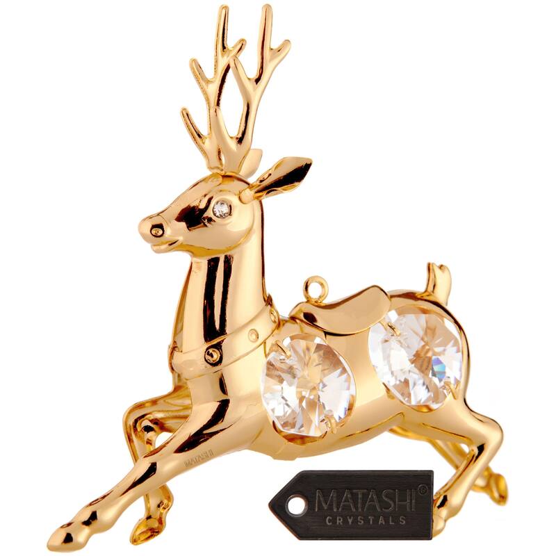 24K Gold Plated Reindeer Ornament Made with Genuine Matashi Crystals