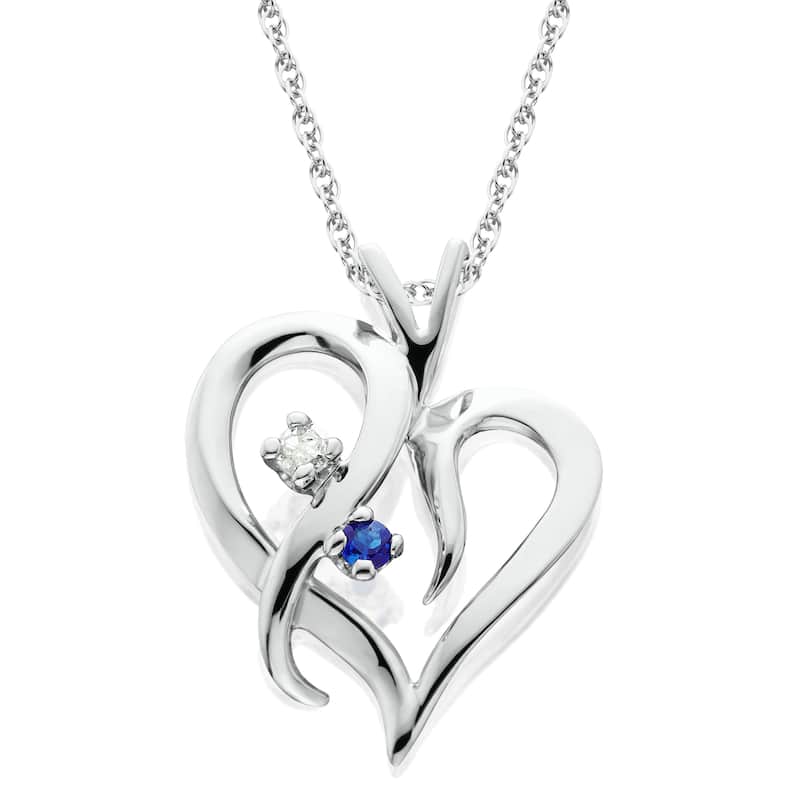 14K White Gold 1/ 20ct Ruby or Blue Sapphire & Diamond Heart Pendant Necklace (I-J/ I2-I3) - September - Blue - Sapphire