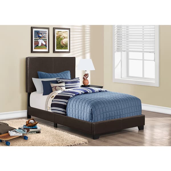 slide 1 of 1, Bed, Twin Size, Platform, Bedroom, Frame, Upholste Pu Leather Look, Wood Legs, Transitional