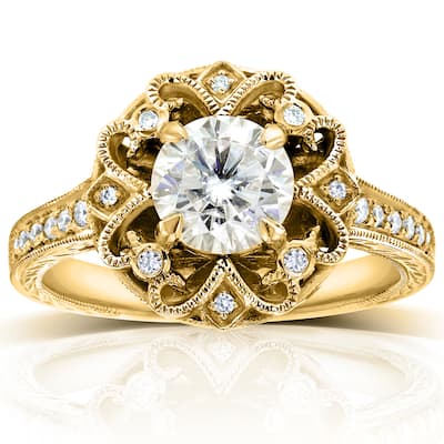 Annello by Kobelli 14k Yellow Gold 1 1/5ct TGW Forever One Moissanite and Diamond Antique Floral Extravagant Engagement Ring