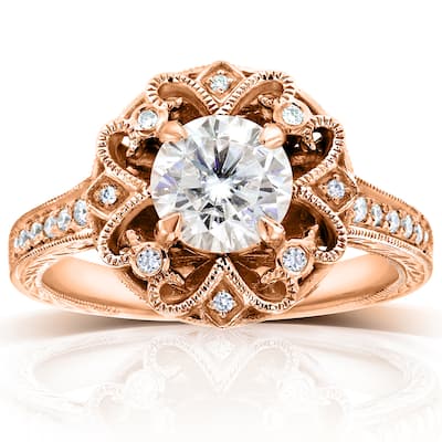 Annello by Kobelli 14k Rose Gold 1 1/5ct TGW Forever One Moissanite and Diamond Antique Floral Extravagant Engagement Ring