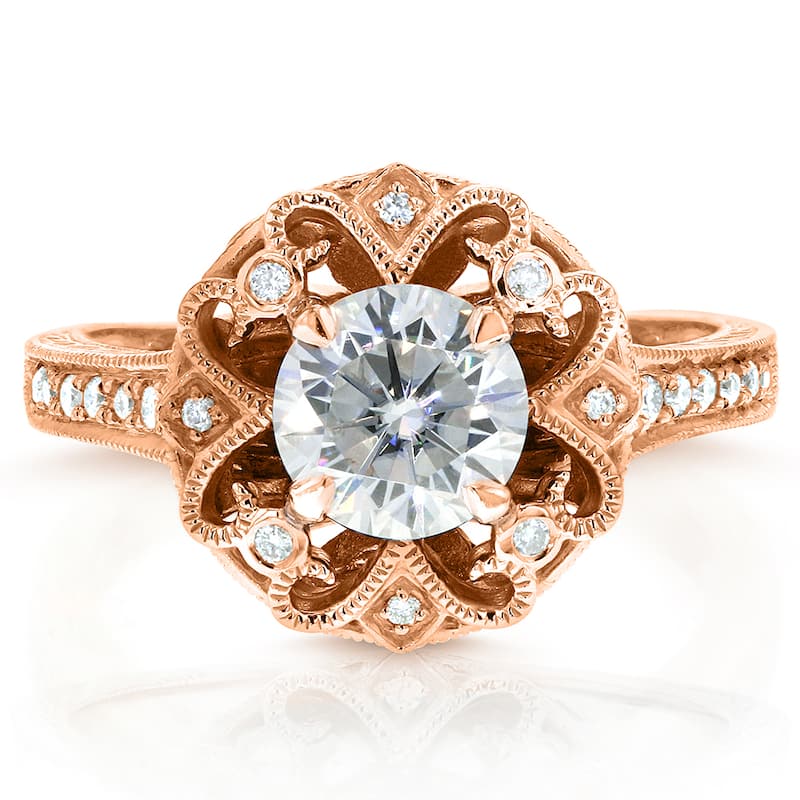 Annello by Kobelli 14k Rose Gold 1 1/5ct TGW Forever One Moissanite and Diamond Antique Floral Extravagant Engagement Ring