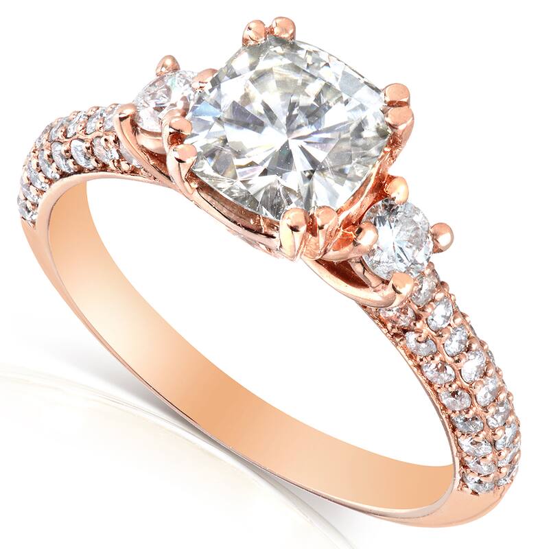 Annello by Kobelli 14k Rose Gold 1 1/2ct TGW Forever One Cushion Moissanite and Diamond 3 Stone Micro Pave Engagement Ring