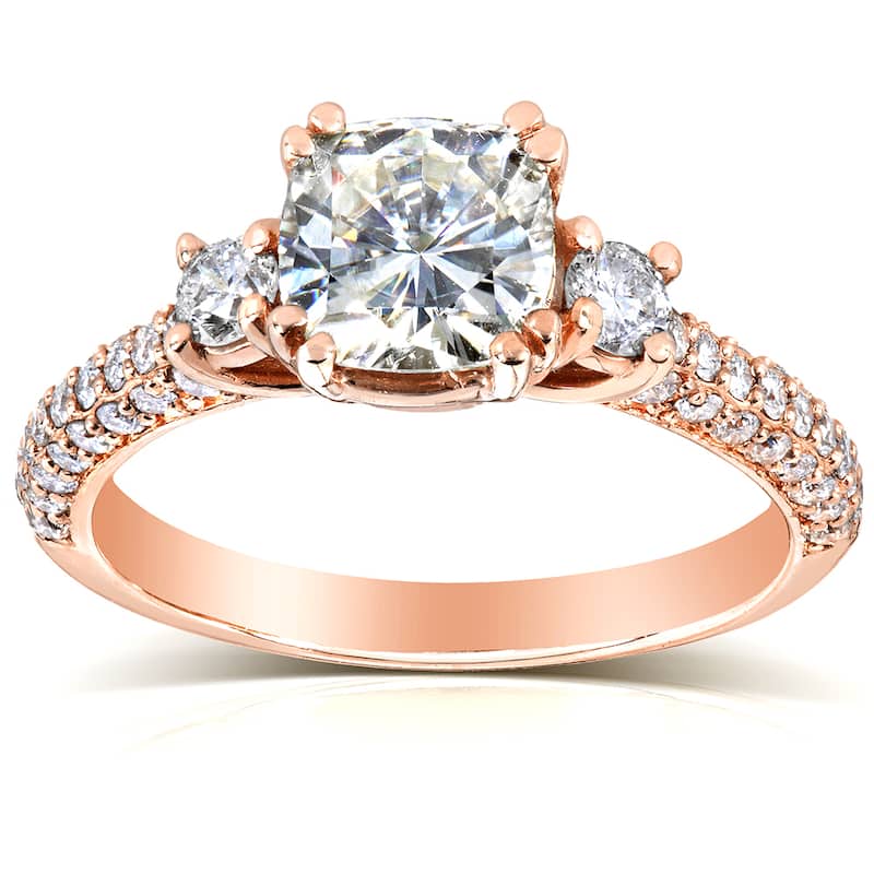 Annello by Kobelli 14k Rose Gold 1 1/2ct TGW Forever One Cushion Moissanite and Diamond 3 Stone Micro Pave Engagement Ring - 8.5