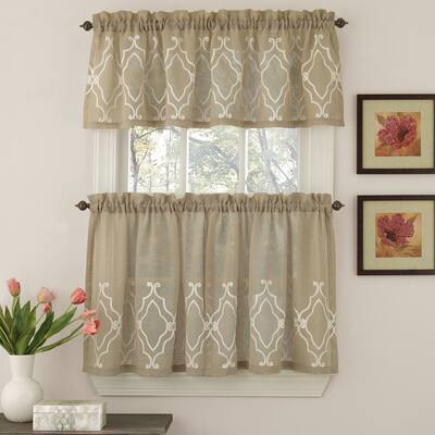Sweet Home Collection Brown and White Semi-opaque Geometric Tier and Valance Window Curtain Pieces