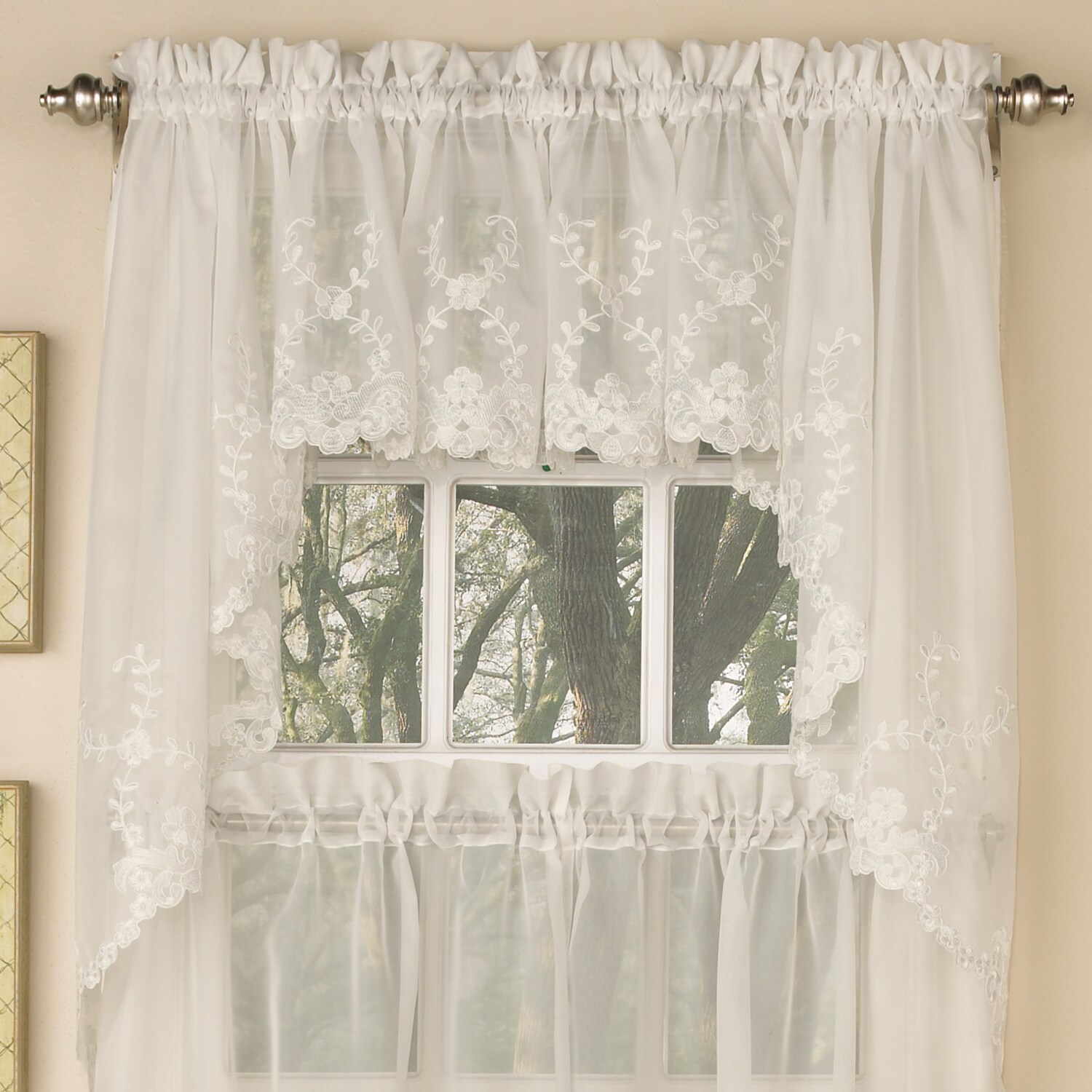 Embroidered Tier Voile Valance Window Sheer Curtains for Small Window Decor
