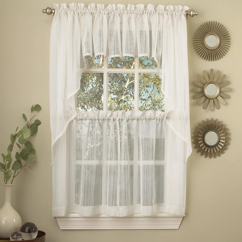 White Micro Striped Semi Sheer Window Curtain Pieces - Tiers, Valance and Swag Options
