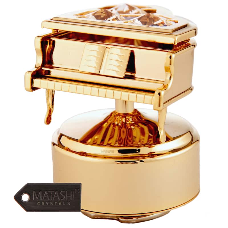 24K Gold Plated Wind Up Music Box with Crystal Studded Grand Piano Figurine by Matashi