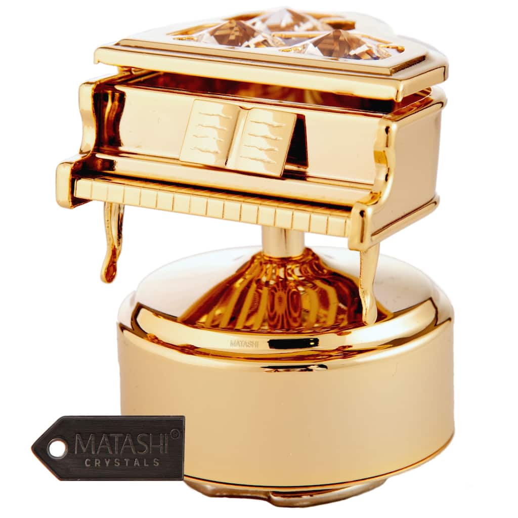 24K Gold Plated Wind Up Music Box with Crystal Studded Grand Piano Figurine by Matashi