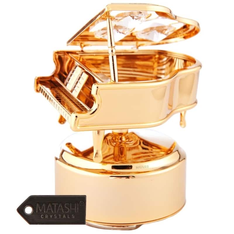 24K Gold Plated Wind Up Music Box with Crystal Studded Grand Piano Figurine by Matashi