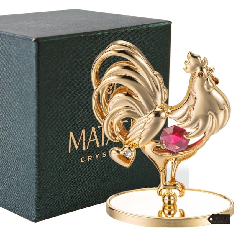 Matashi 24K Gold Plated Rooster Table Top with Red and Clear Genuine Matashi Crystals