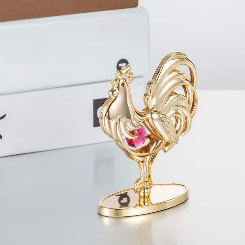 Matashi 24K Gold Plated Rooster Table Top with Red and Clear Genuine Matashi Crystals