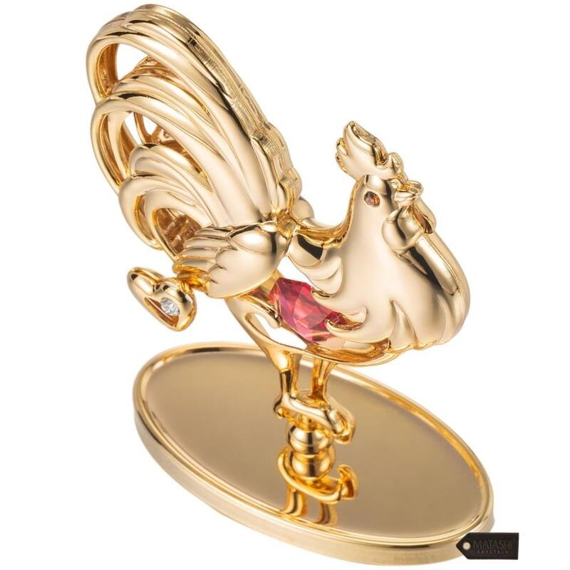 Matashi 24K Gold Plated Rooster Table Top with Red and Clear Genuine Matashi Crystals