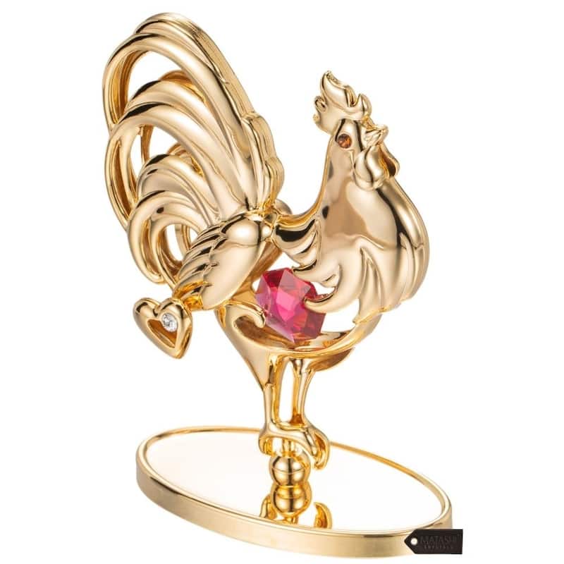 Matashi 24K Gold Plated Rooster Table Top with Red and Clear Genuine Matashi Crystals