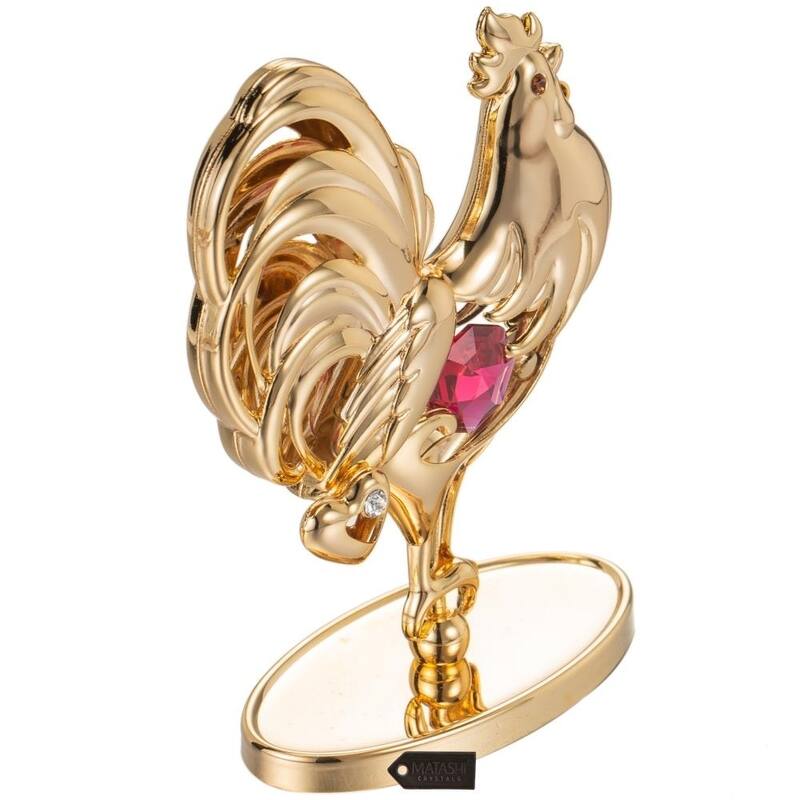 Matashi 24K Gold Plated Rooster Table Top with Red and Clear Genuine Matashi Crystals