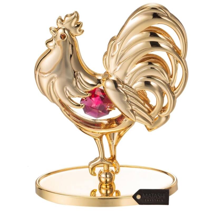 Matashi 24K Gold Plated Rooster Table Top with Red and Clear Genuine Matashi Crystals