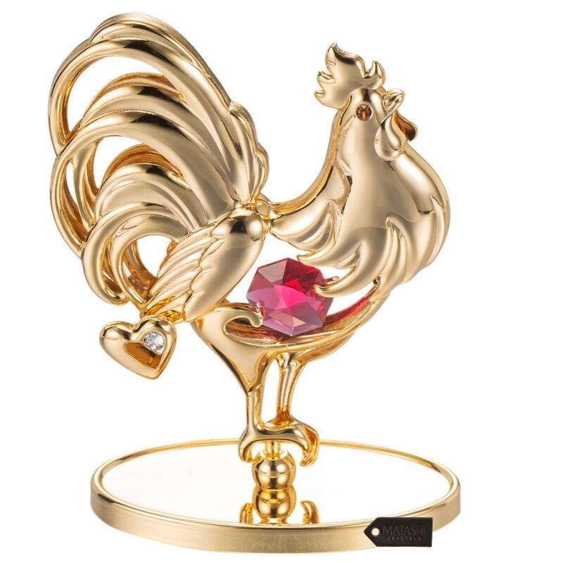Matashi 24K Gold Plated Rooster Table Top with Red and Clear Genuine Matashi Crystals