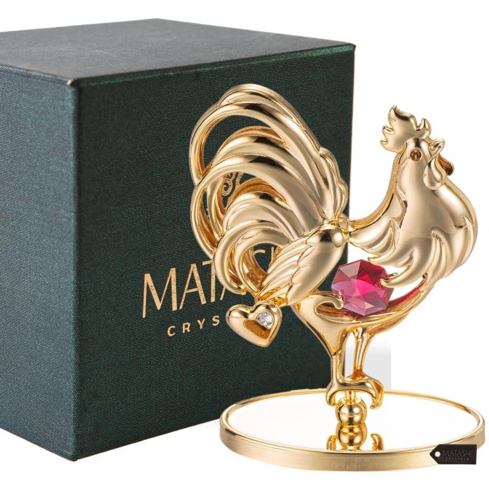 Matashi 24K Gold Plated Rooster Table Top with Red and Clear Genuine Matashi Crystals