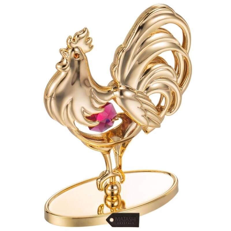 Matashi 24K Gold Plated Rooster Table Top with Red and Clear Genuine Matashi Crystals
