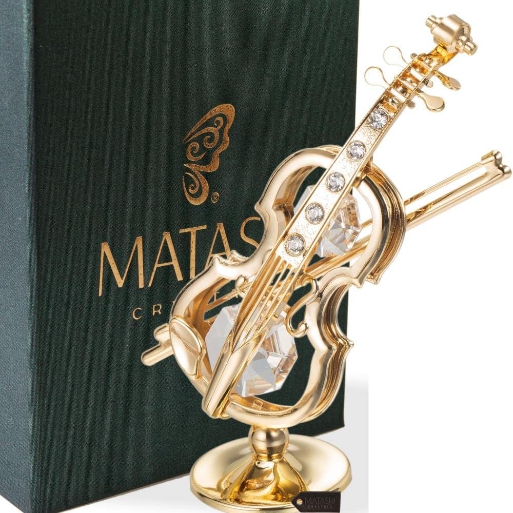 Matashi 24K Gold Plated Violin on a Stand Ornament with Genuine Matashi Crystals.
