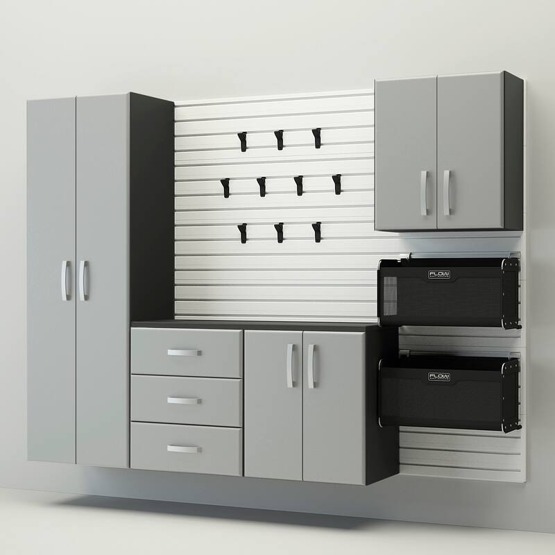 18 Piece Slatwall Panel, Cabinet, Hook, Bin and Large Workstation Storage Set - White Slat Wall/Silver Cabinet