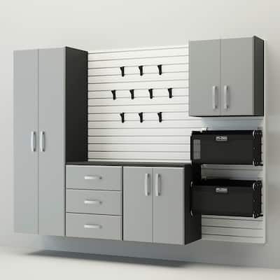 18 Piece Slatwall Panel, Cabinet, Hook, Bin and Large Workstation Storage Set - White Slat Wall/Silver Cabinet
