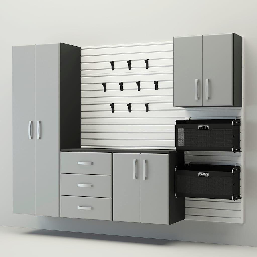18 Piece Slatwall Panel, Cabinet, Hook, Bin and Large Workstation Storage Set - White Slat Wall/Silver Cabinet