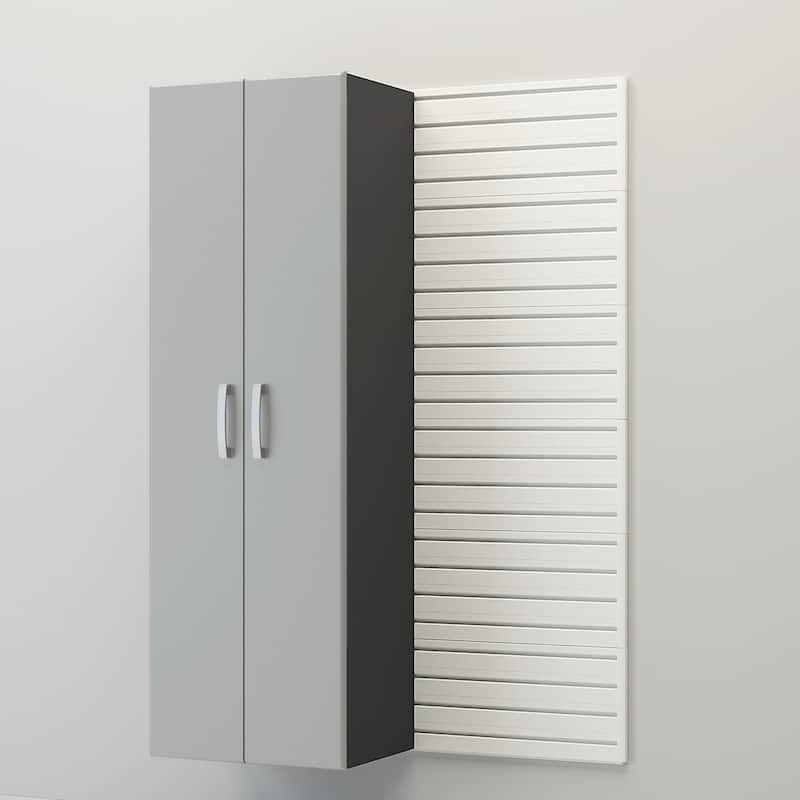 18 Piece Slatwall Panel, Cabinet, Hook, Bin and Large Workstation Storage Set - White Slat Wall/Silver Cabinet