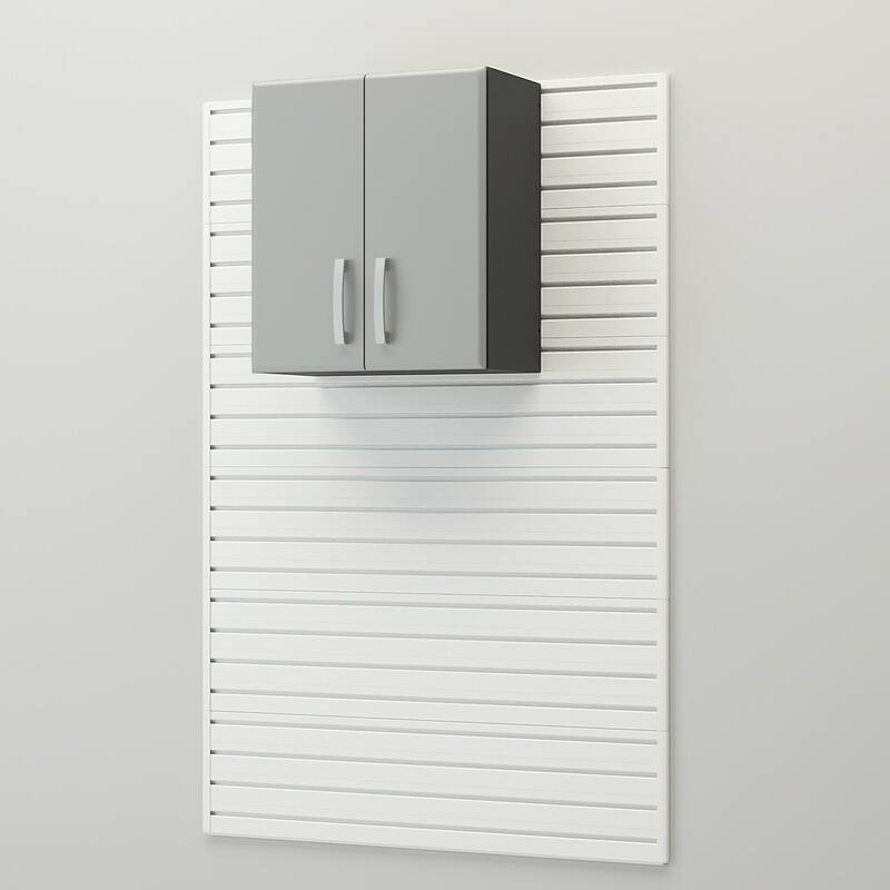 18 Piece Slatwall Panel, Cabinet, Hook, Bin and Large Workstation Storage Set - White Slat Wall/Silver Cabinet