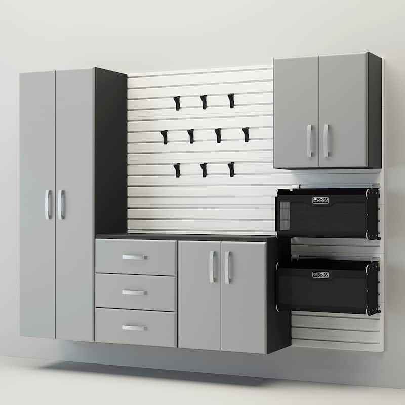 18 Piece Slatwall Panel, Cabinet, Hook, Bin and Large Workstation Storage Set - White Slat Wall/Silver Cabinet