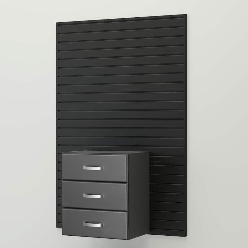 18 Piece Slatwall Panel, Cabinet, Hook, Soft Bin and Large Workstation Storage Set - Black Slat Wall/Graphite Carbon Cabinet